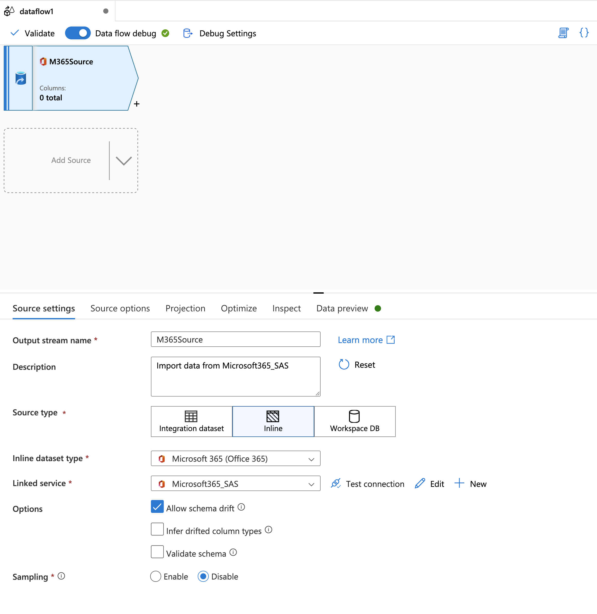 Capture d’écran de l’option Sélectionner un jeu de données dans les paramètres de la source du flux de données de mappage.