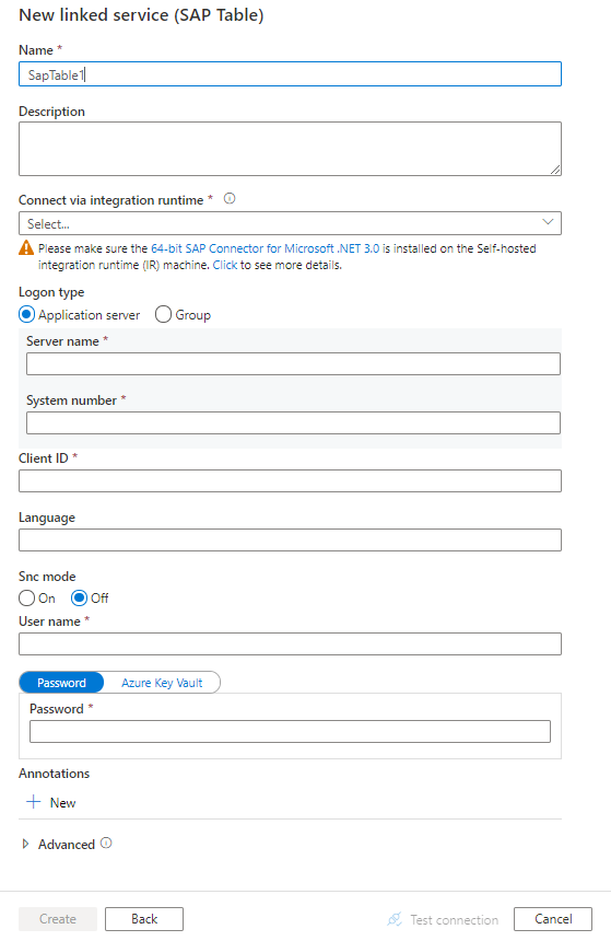 Capture d’écran de la configuration d’un service de table SAP lié .