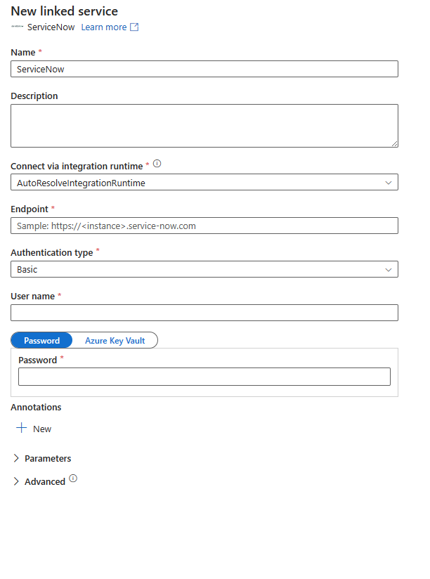 Capture d’écran de la configuration du service lié pour ServiceNow.