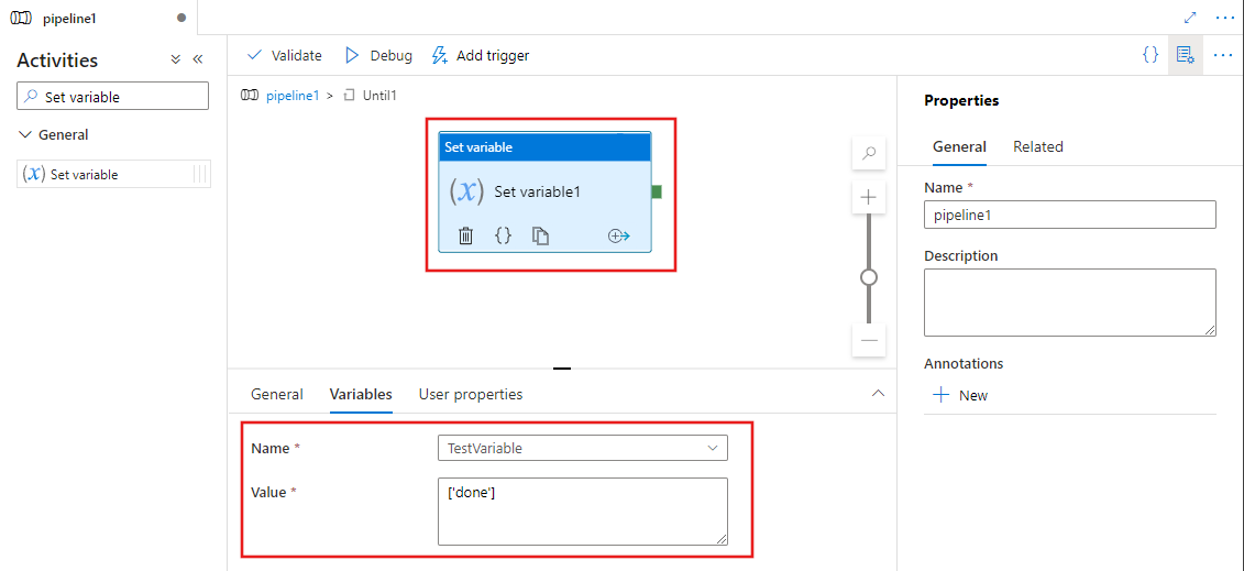 Montre l’éditeur d’activités pour une activité Until avec une activité Set Variable définie.