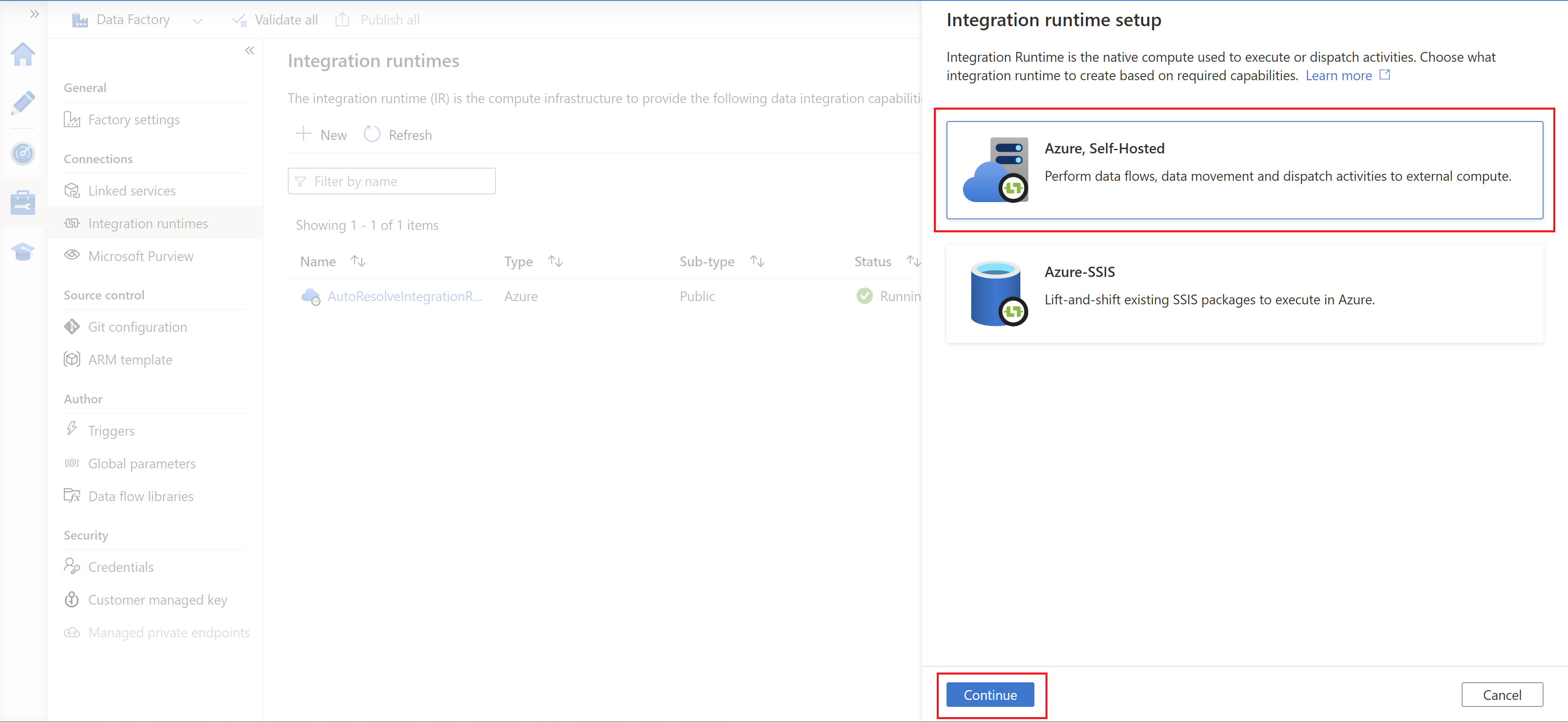 Capture d’écran montrant l’option Runtime d’intégration auto-hébergé Azure.