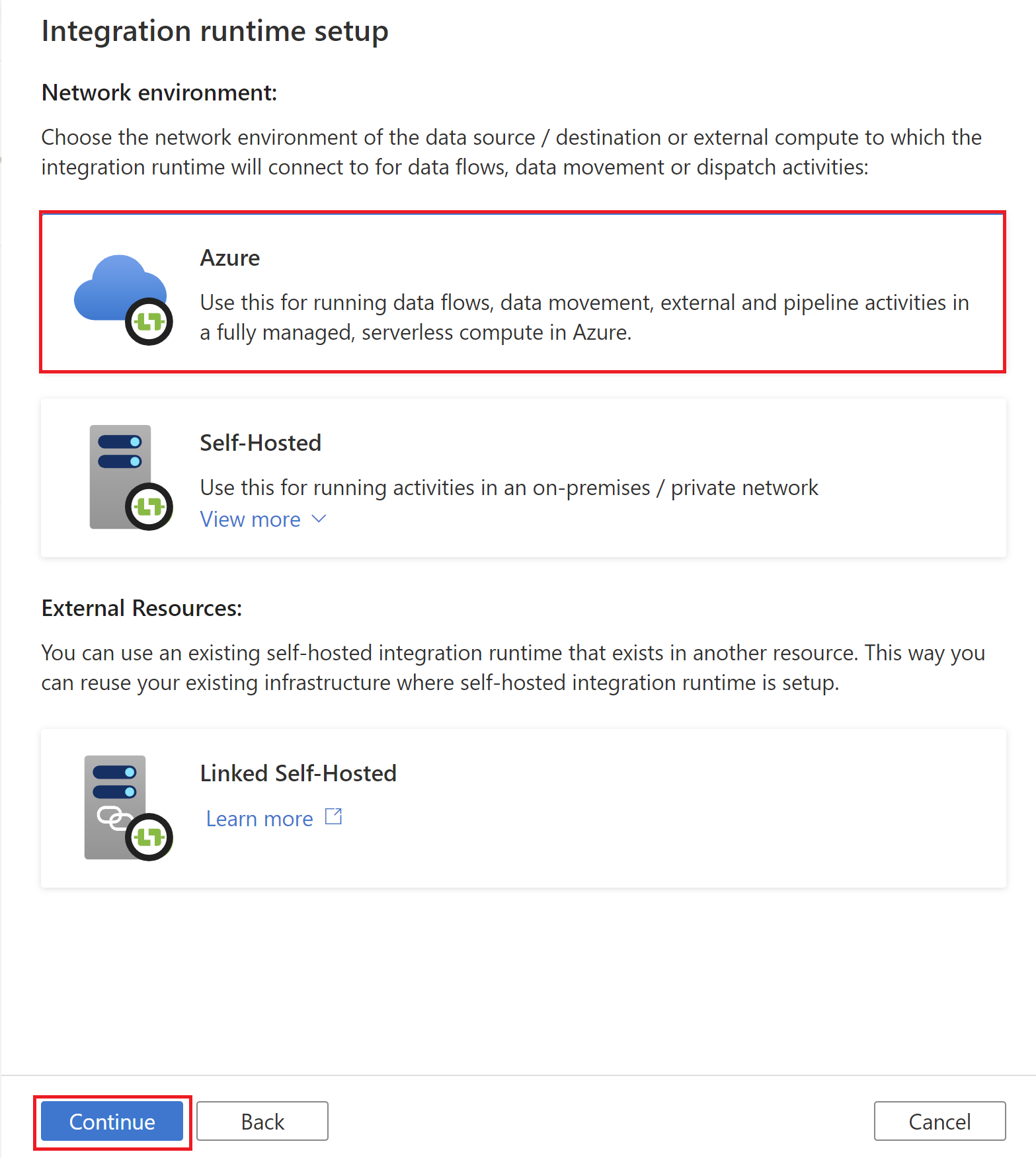 Capture d’écran montrant la création d’un runtime d’intégration Azure.