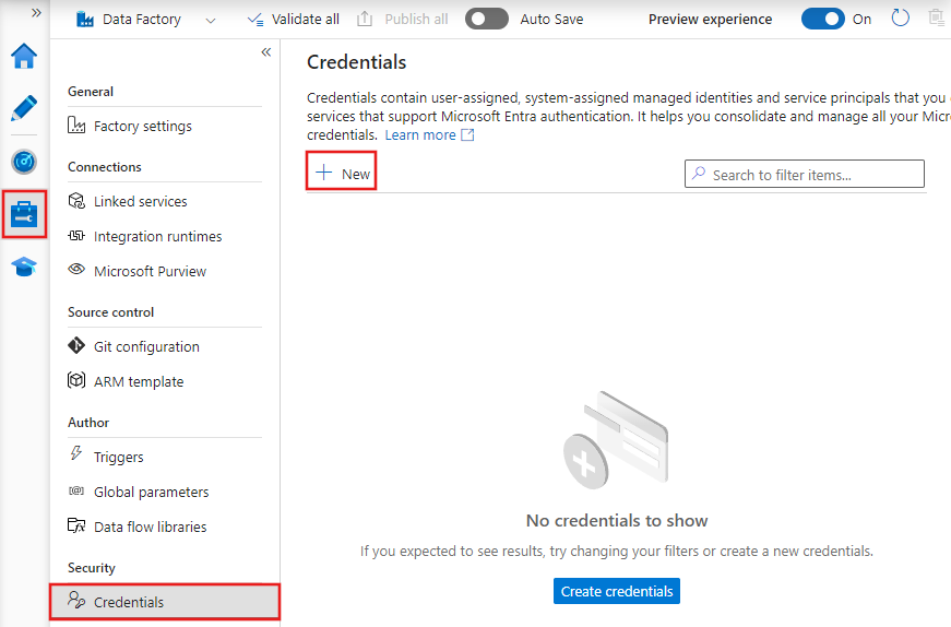 Capture d’écran montrant la création des informations d’identification.