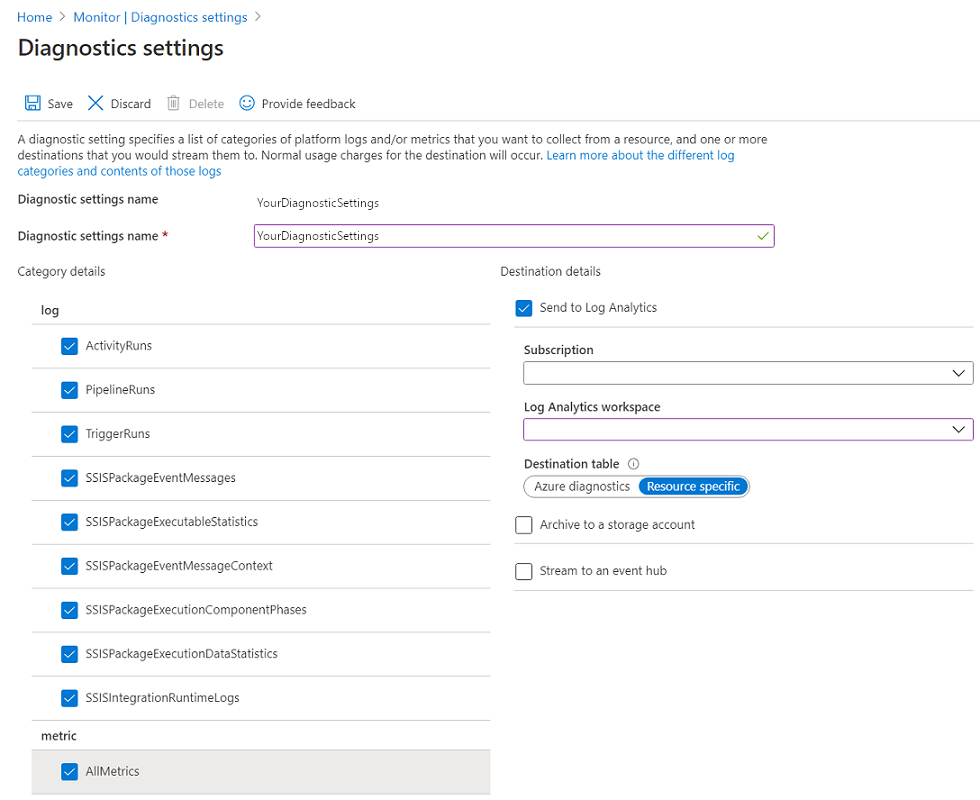 Nommer vos paramètres et sélectionner un espace de travail Log Analytics