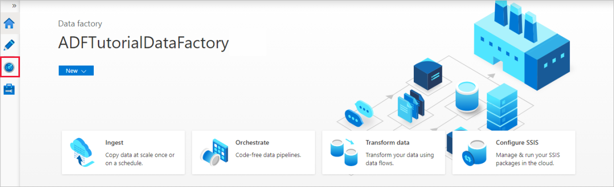 Capture d’écran montrant la page d’accueil pour Azure Data Factory.