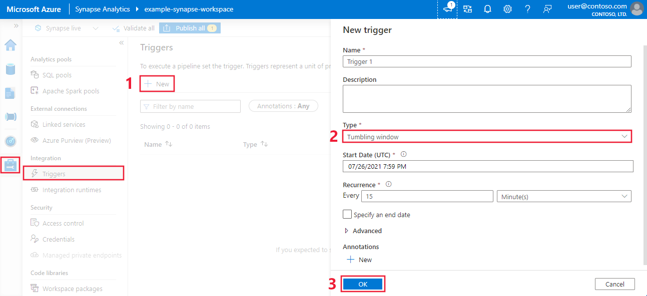 Capture d’écran montrant la création d’un déclencheur de fenêtre bascule dans le portail Azure dans Azure Synapse.