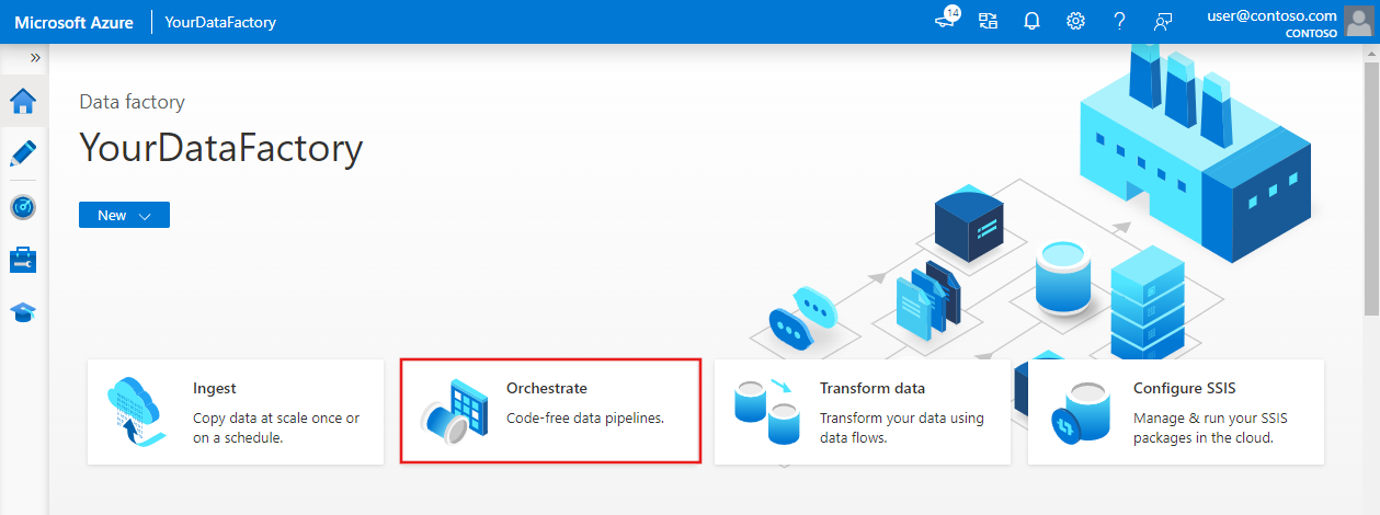 Capture d’écran montrant le bouton Orchestrer dans la page d’accueil d’Azure Data Factory.