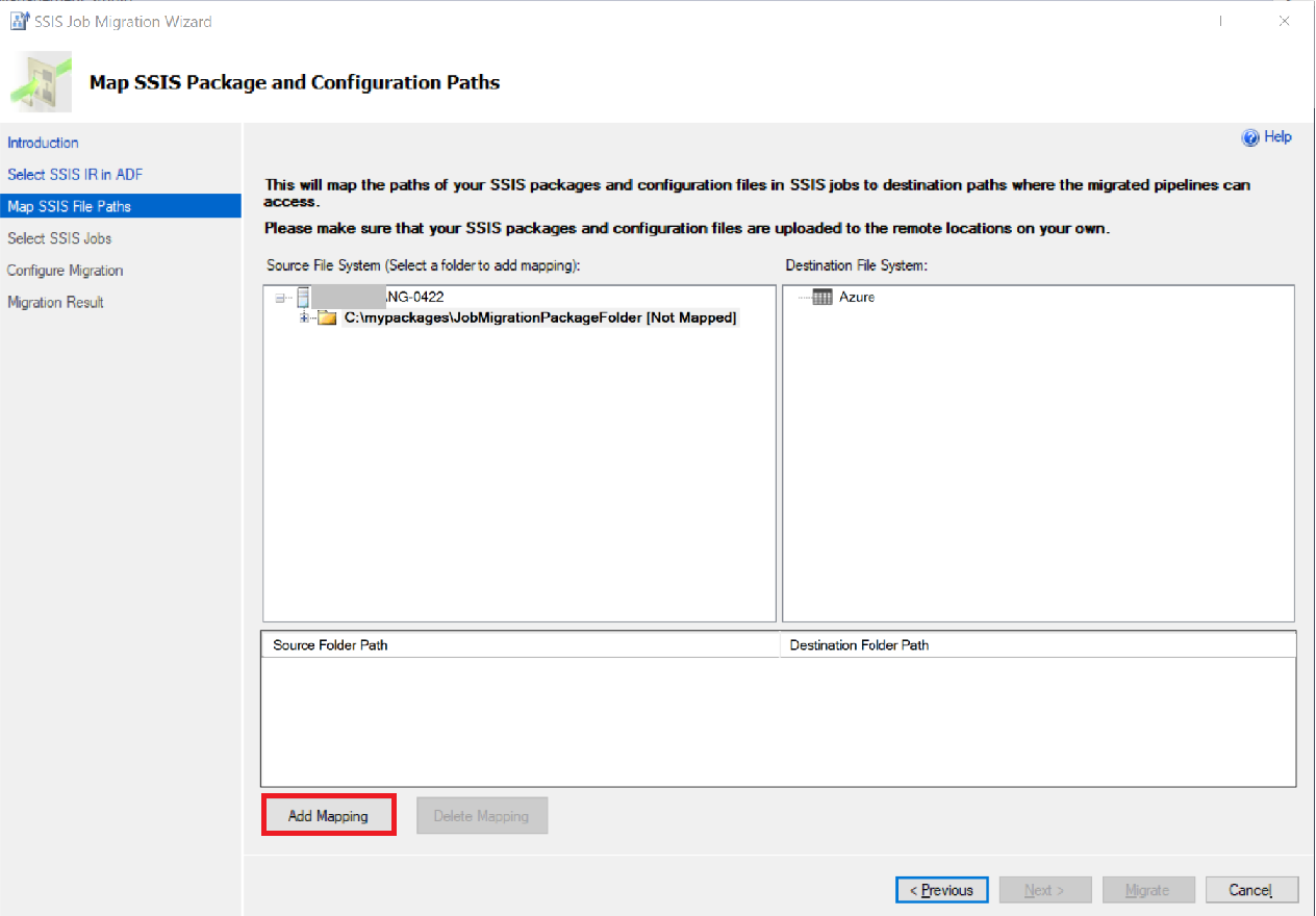 Capture d’écran montrant la page Mapper les chemins des packages SSIS et des fichiers de configuration, dans laquelle vous pouvez ajouter un mappage.