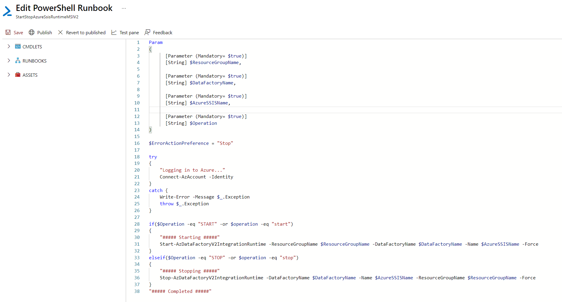 Capture d’écran de l’interface de modification d’un runbook PowerShell.