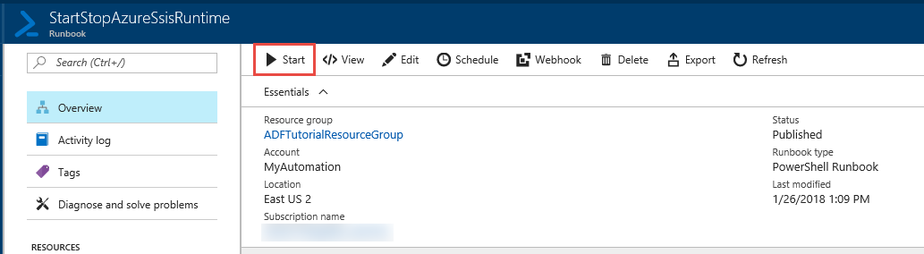 Capture d’écran présentant le bouton de démarrage d’un runbook.