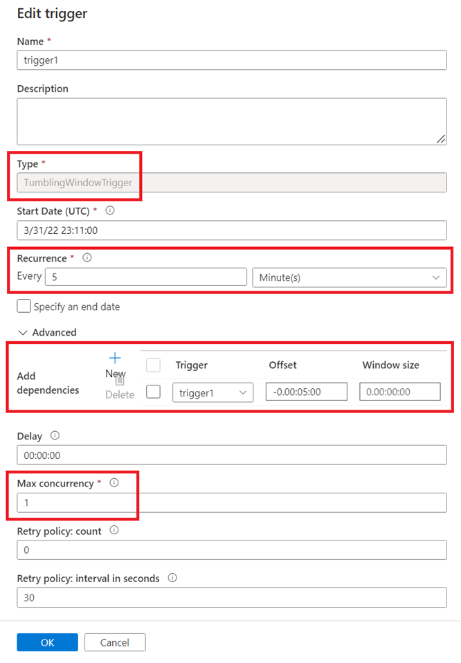 Capture d’écran de la fenêtre Modifier le déclencheur avec les valeurs mises en surbrillance pour configurer le déclencheur de fenêtre bascule.