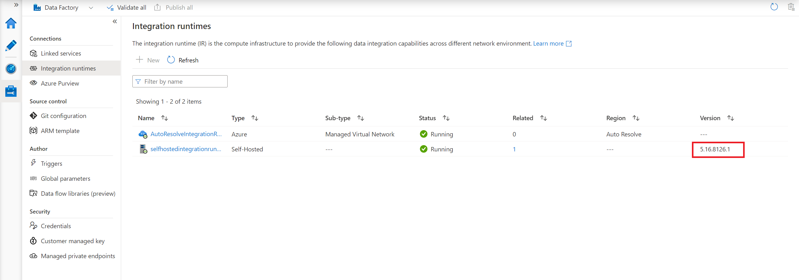 Capture d’écran montrant la version dans le portail Azure Data Factory.