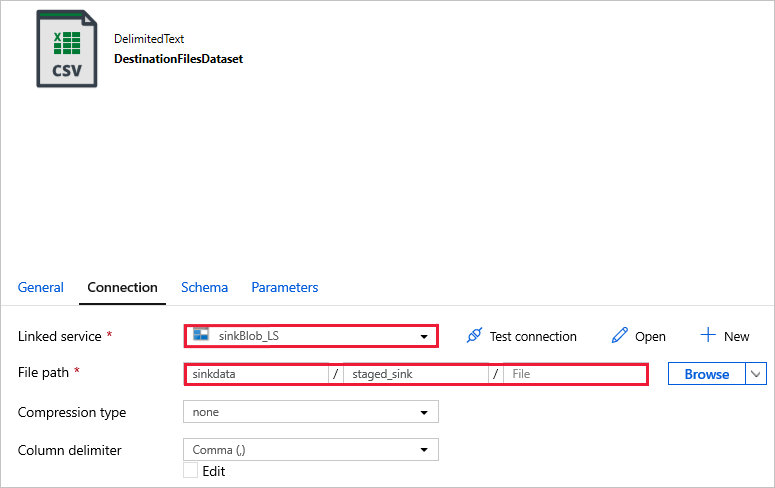 Selections for linked service and file path for DestinationFilesDataset