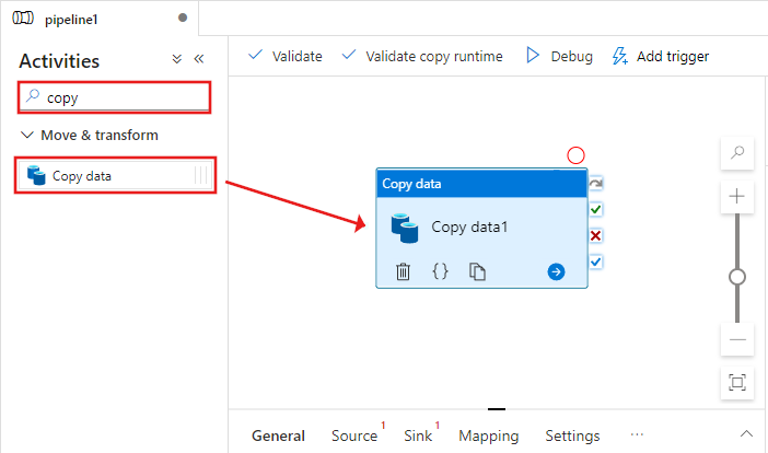 Capture d’écran montrant comment faire glisser et déposer l’activité Copy sur le concepteur de pipeline.