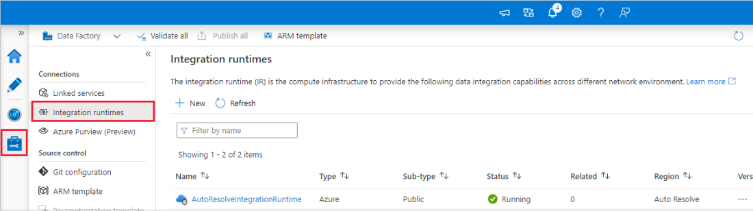 Sélections pour l’affichage des runtimes d’intégration existants