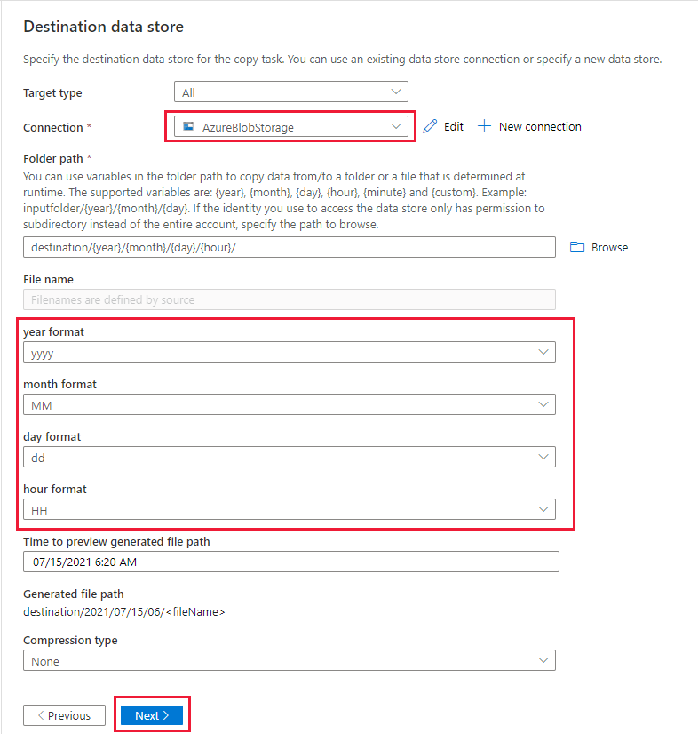 Capture d’écran montrant la configuration de la page « Banque de données de destination ».