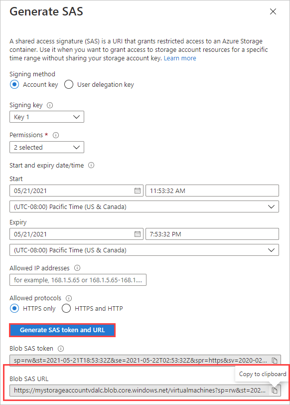 Capture de l’écran Générer une signature d’accès partagé, avec les options de génération et de copie d’une URL SAS d’objet blob