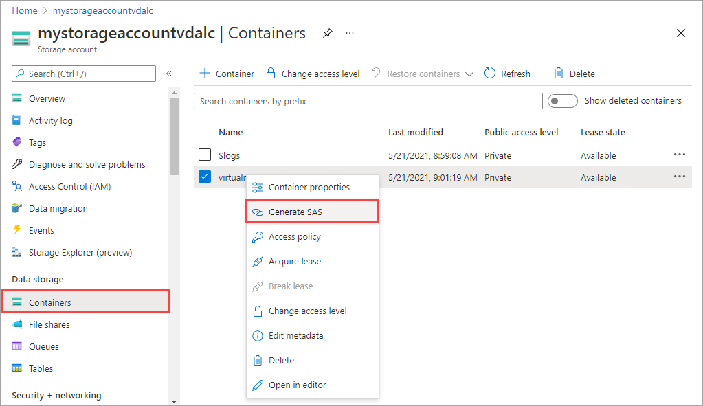 Capture d’écran de l’option Générer une signature d’accès partagé d’un conteneur d’objets blob dans le portail Azure