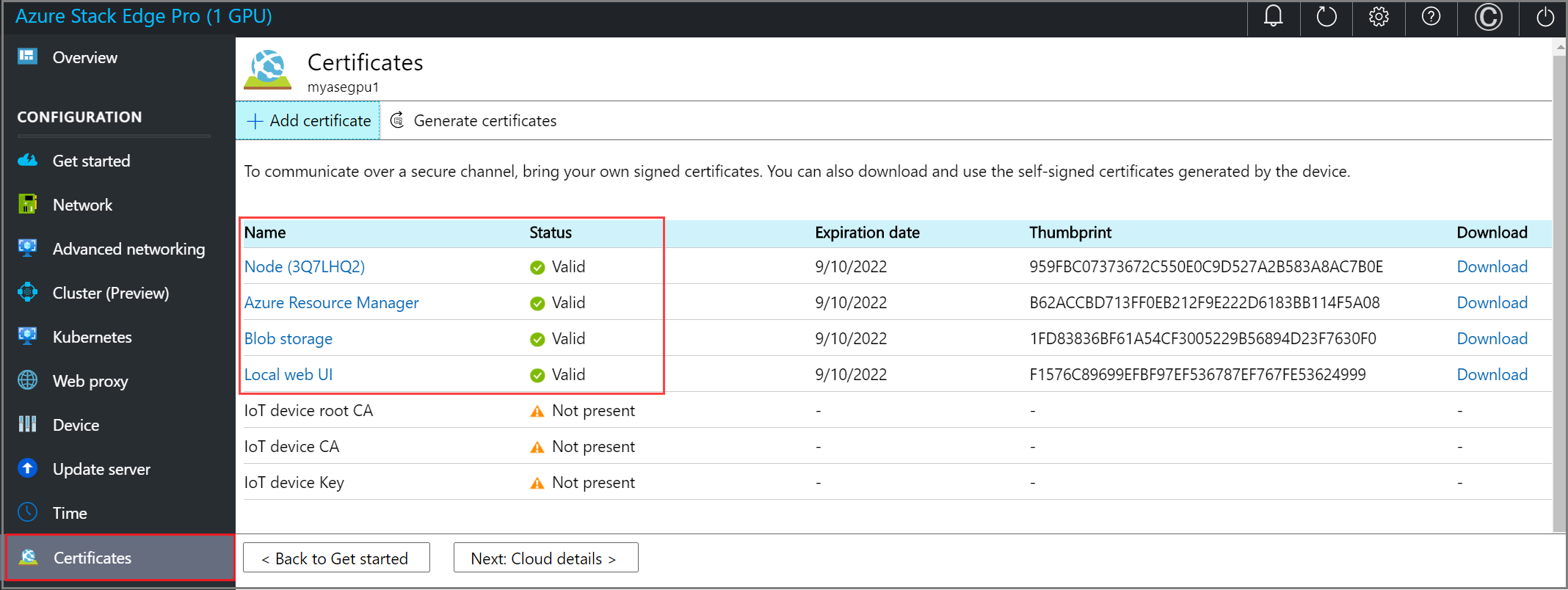 Screenshot of newly generated certificates on the Certificates page of an Azure Stack Edge device. Certificates with Valid state are highlighted.