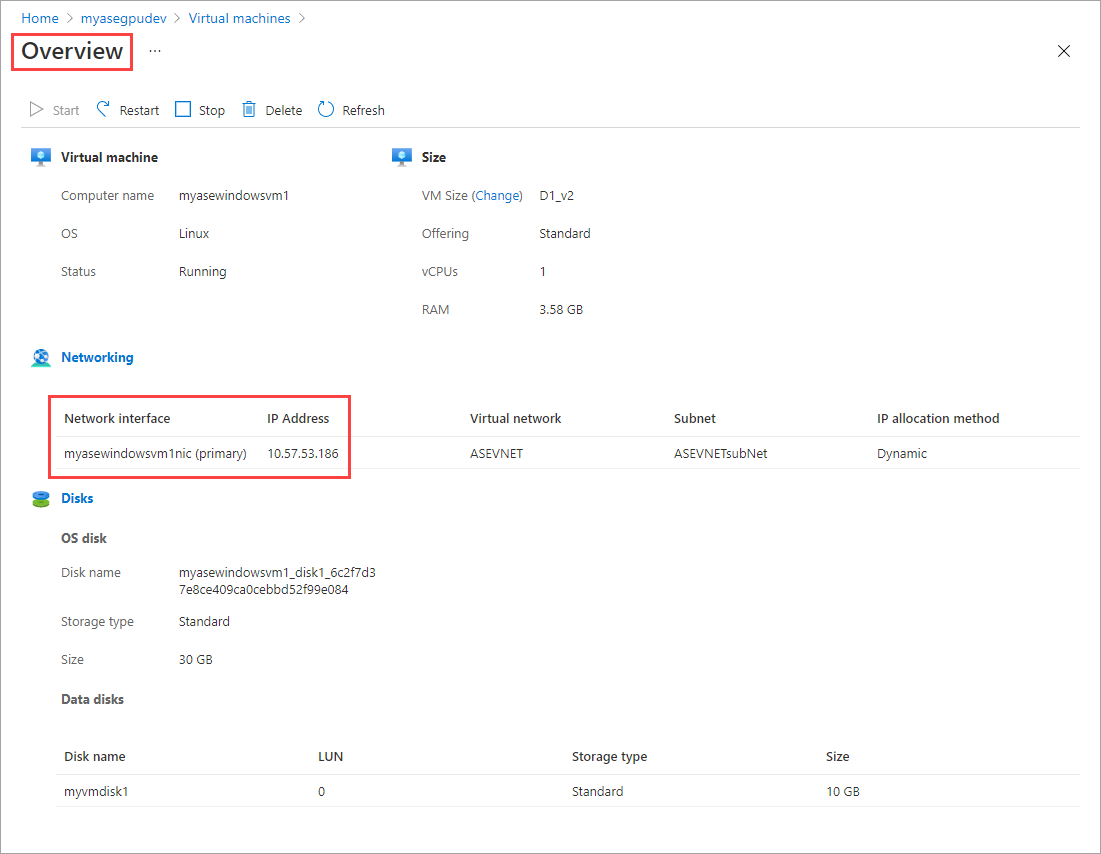 Capture d’écran montrant l’onglet Détails du volet Vue d’ensemble d’une machine virtuelle dans Azure Stack Edge. L’étiquette de la vue d’ensemble et l’Adresse IP dans la section Réseau sont mises en évidence.