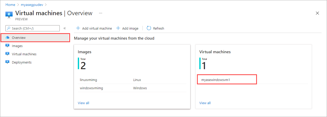 Capture d’écran montrant le volet Vue d’ensemble pour Machines virtuelles sur un appareil Azure Stack Edge. Une nouvelle MV est mise en évidence dans la liste.