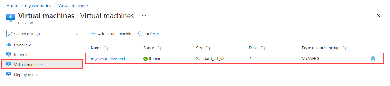 Capture d’écran montrant le volet Machines virtuelles d’un appareil Azure Stack Edge. The Virtual Machines label and a virtual machine entry are highlighted.