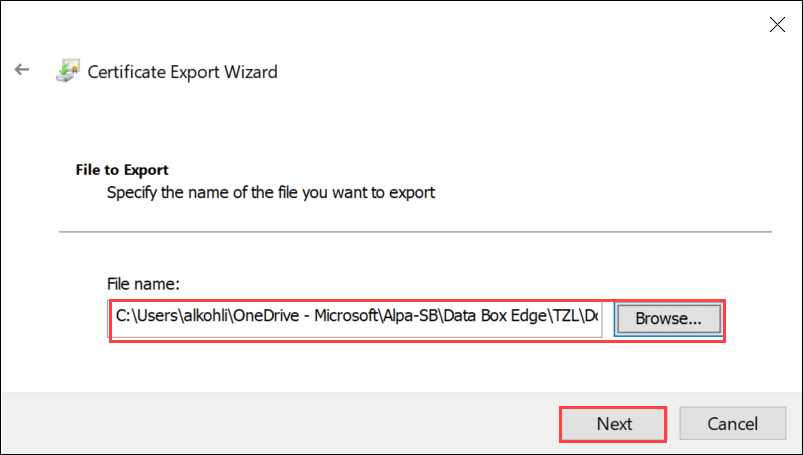 Capture d’écran de la page Fichier à exporter de l’Assistant Exportation de certificat avec un fichier de certificat chargé. Les boutons Parcourir et Suivant sont mis en évidence.