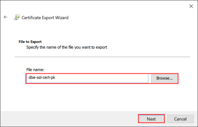 Capture d’écran de la page finale de l’Assistant Exportation de certificat pour un certificat exporté au format DER. Le bouton Terminer est mis en évidence.