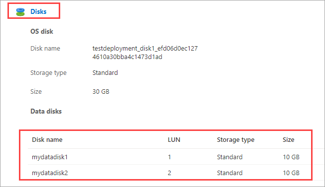 Capture d’écran montrant la section Disques de données du volet Détails pour une machine virtuelle. Les entrées de disque sous Disques de données sont mises en évidence.