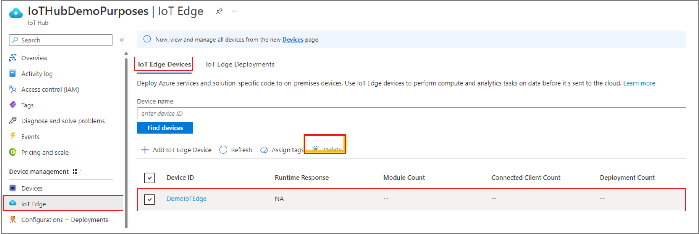 Capture d’écran montrant la suppression d’un appareil IoT Edge d’une instance IoT Edge dans l’interface utilisateur du portail Azure.