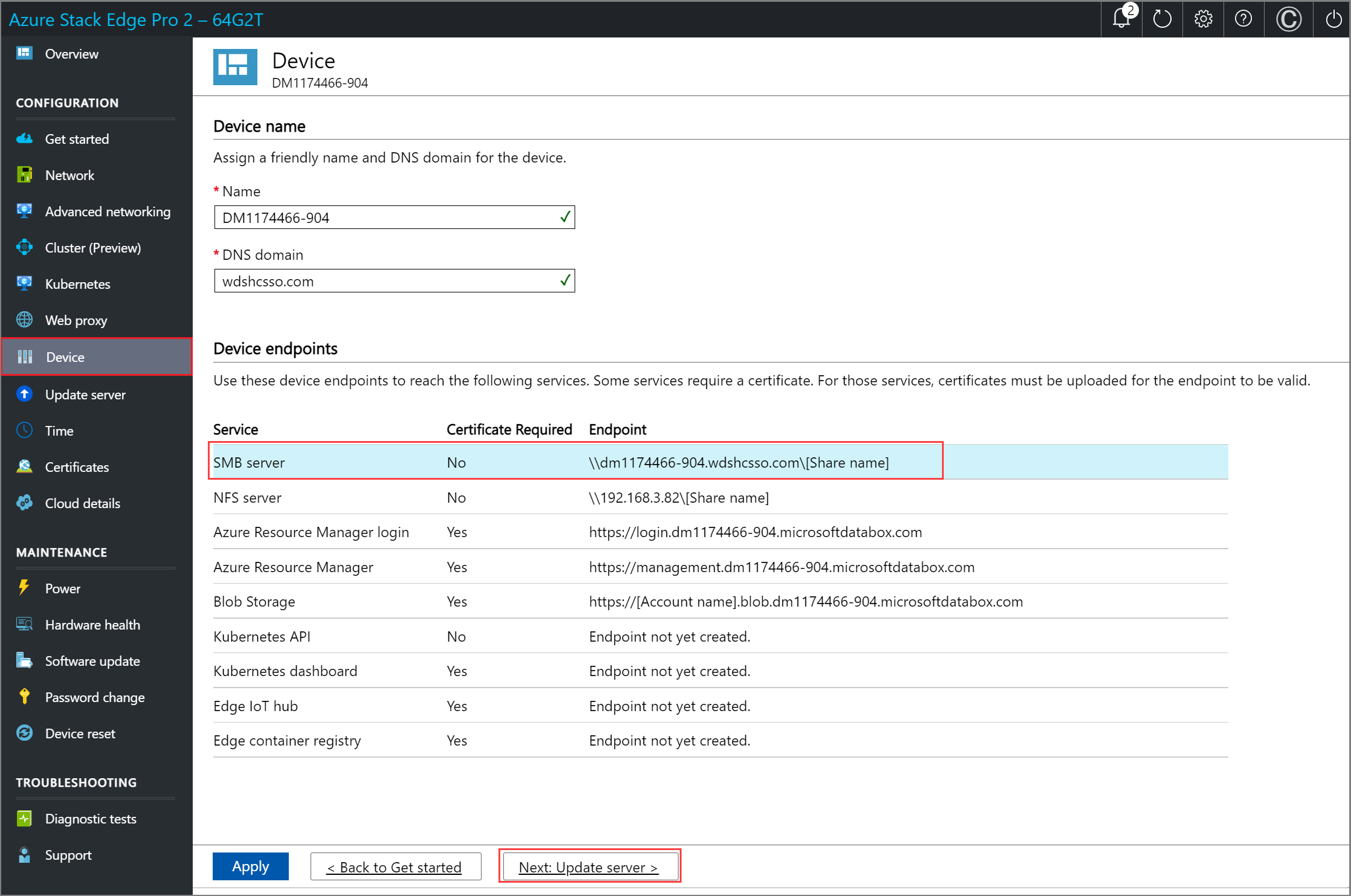 Capture d’écran de la page Appareil dans l’interface utilisateur web locale d’un appareil Azure Stack Edge. Le serveur SMB et Suivant : Mettre à jour le serveur > sont mis en surbrillance.