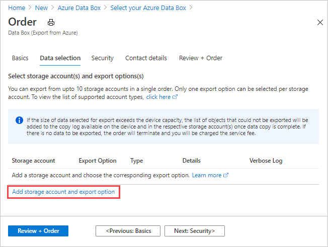 Ajouter un compte de stockage et un type d’exportation