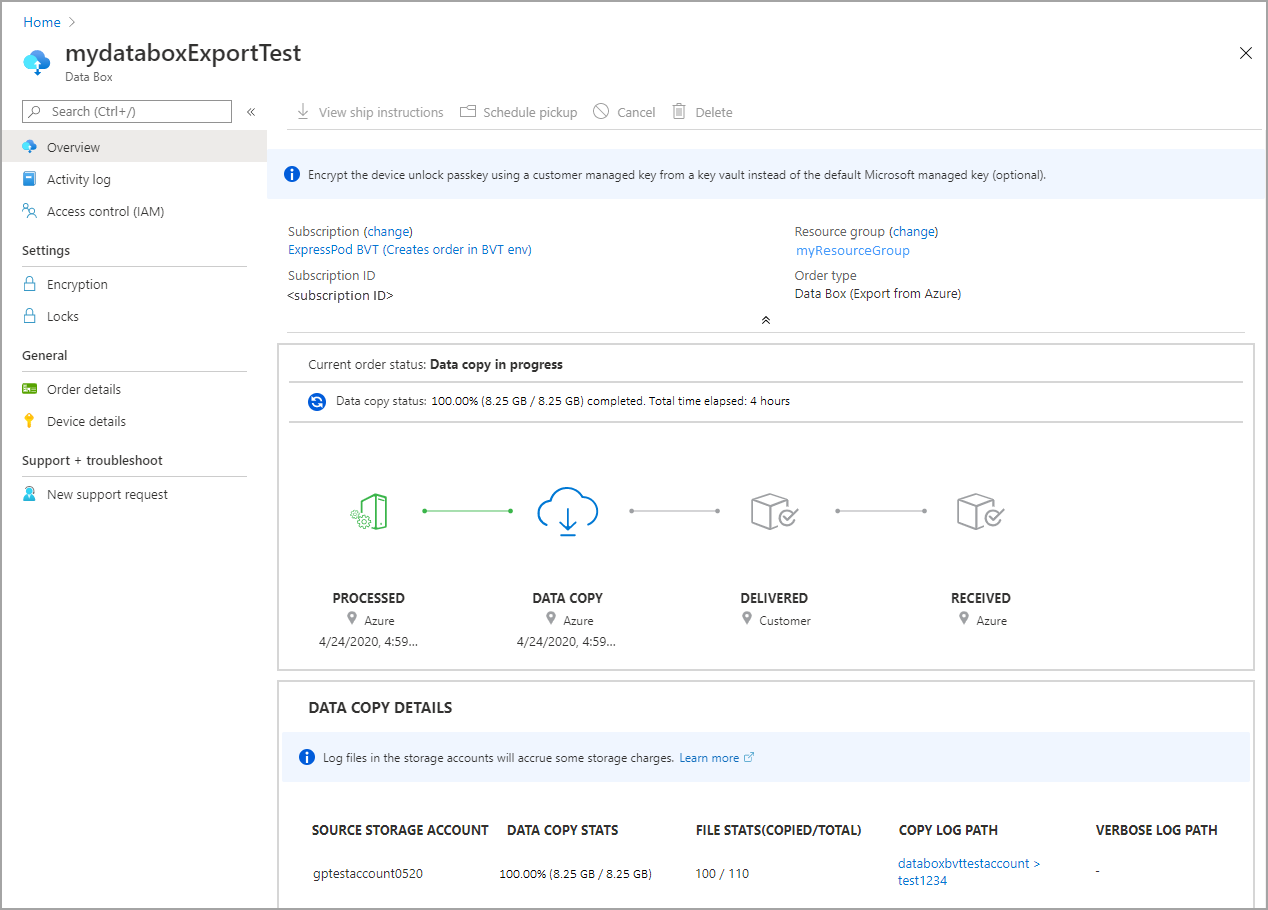 Commande d’exportation Data Box, copie de données en cours