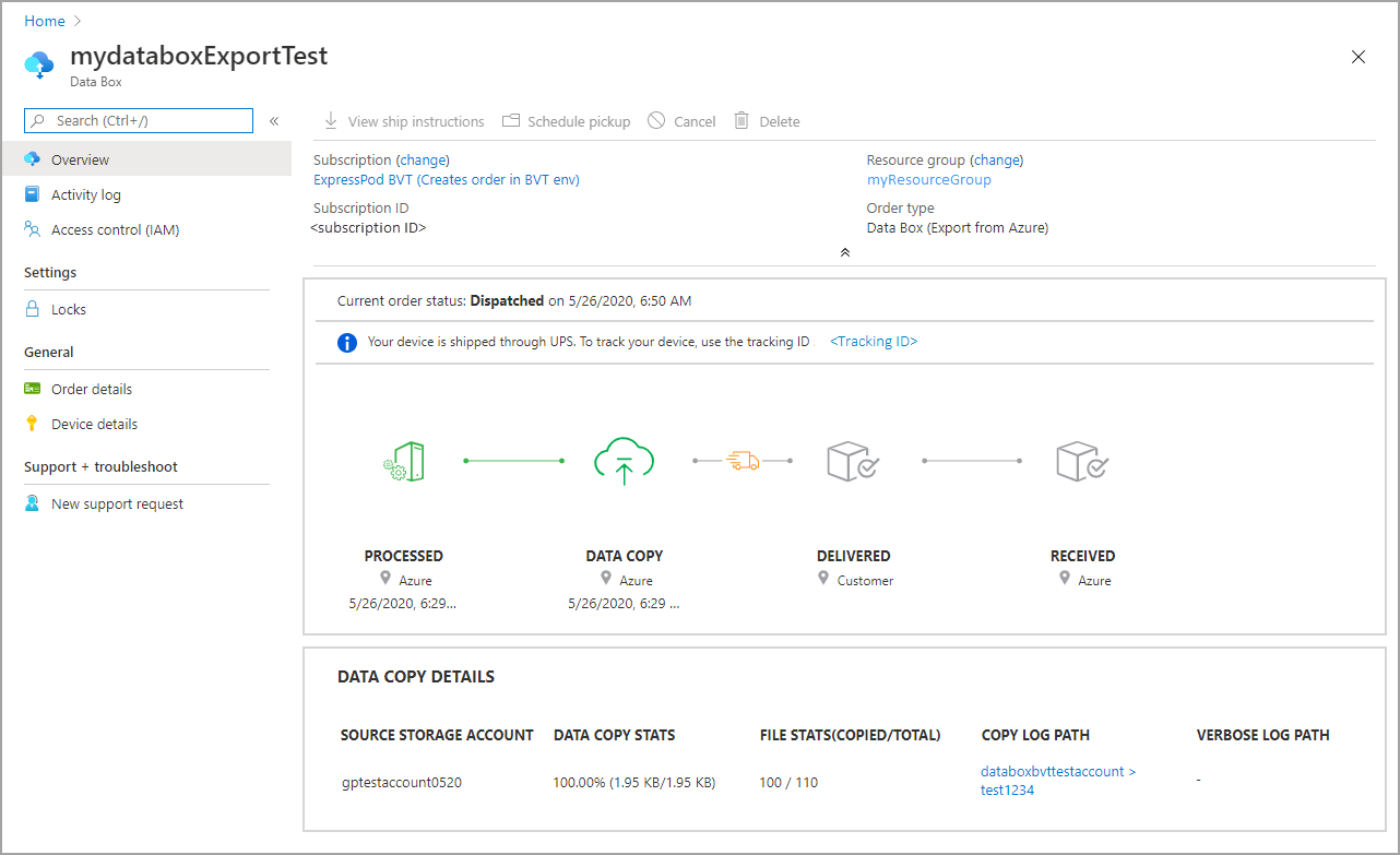 Commande d’exportation Data Box envoyée