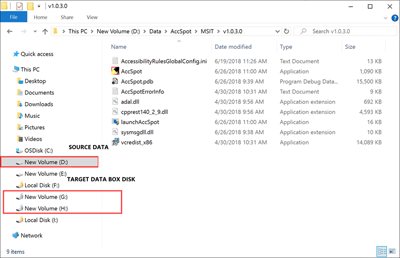 Capture d'écran du lecteur de la source de données et des lettres de lecteur attribuées à Data Box Disk.