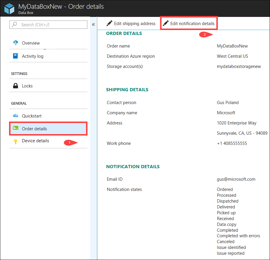 Commande Modifier les détails de notification dans Détails de la commande