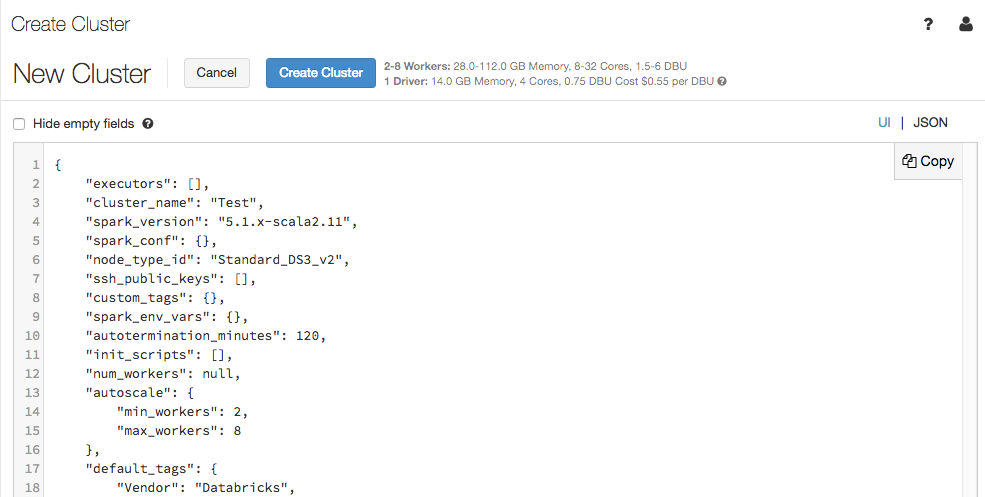 JSON de configuration du cluster