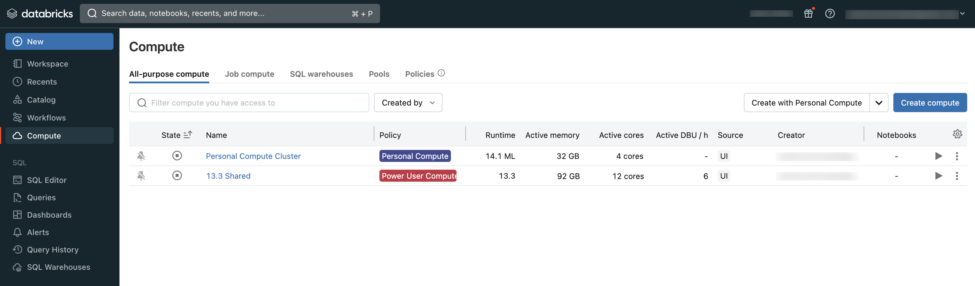 Page de calcul à usage général dans l’espace de travail Databricks