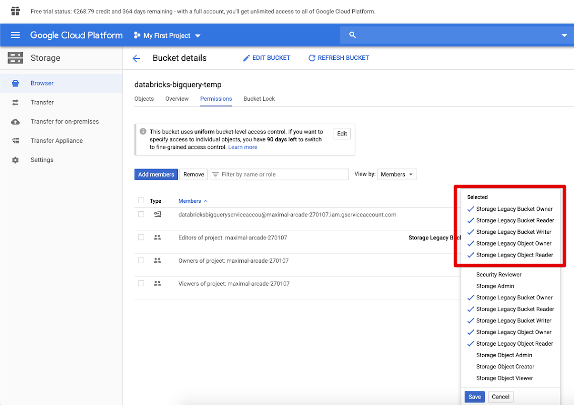 Autorisations de compartiment Google