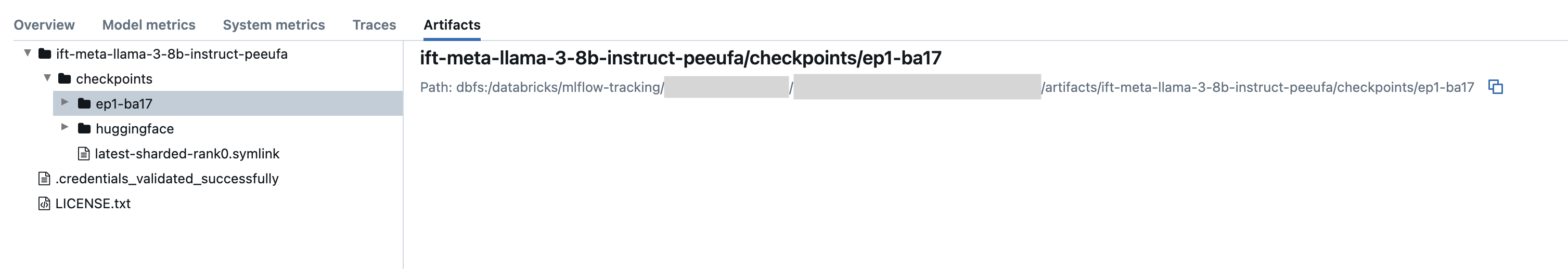 Onglet Artefacts pour une exécution MLflow précédente