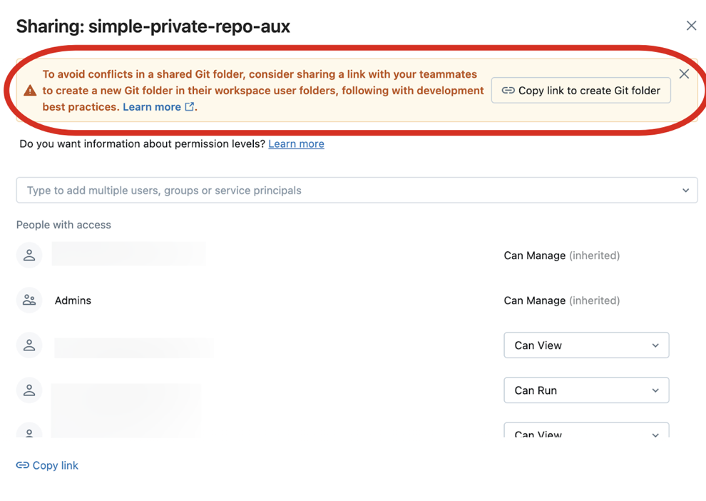 Cliquez sur Copier le lien vers le dossier Git de la bannière pour partager la configuration du référentiel Git pour le dossier avec un autre utilisateur de votre organisation Databricks