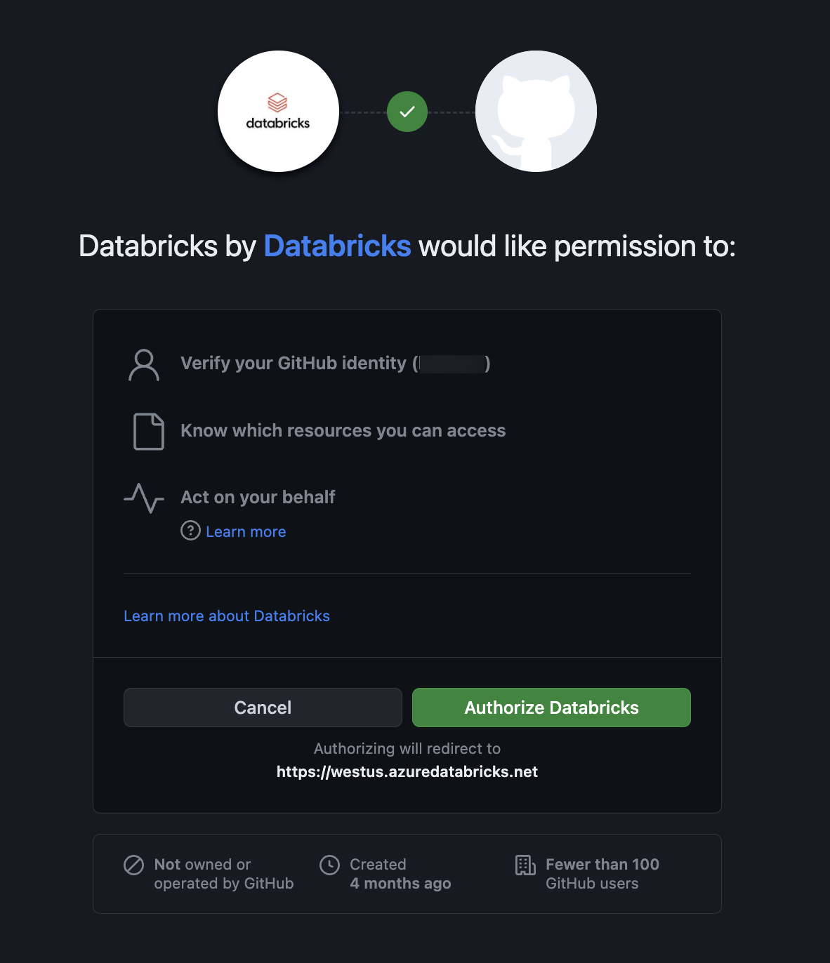 Page d’autorisation de l’application Databricks GitHub