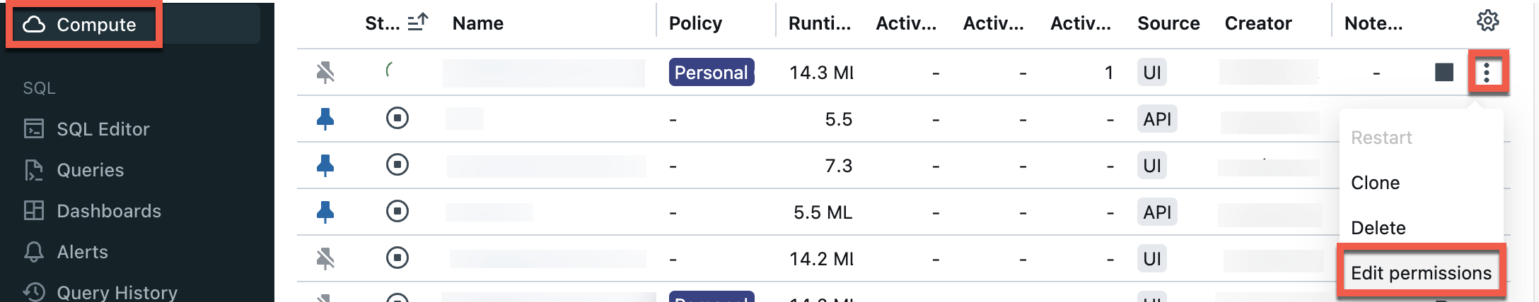 Sélectionnez Calcul dans la barre latérale et le menu des trois points à droite de votre ressource de calcul de proxy de serveur Git