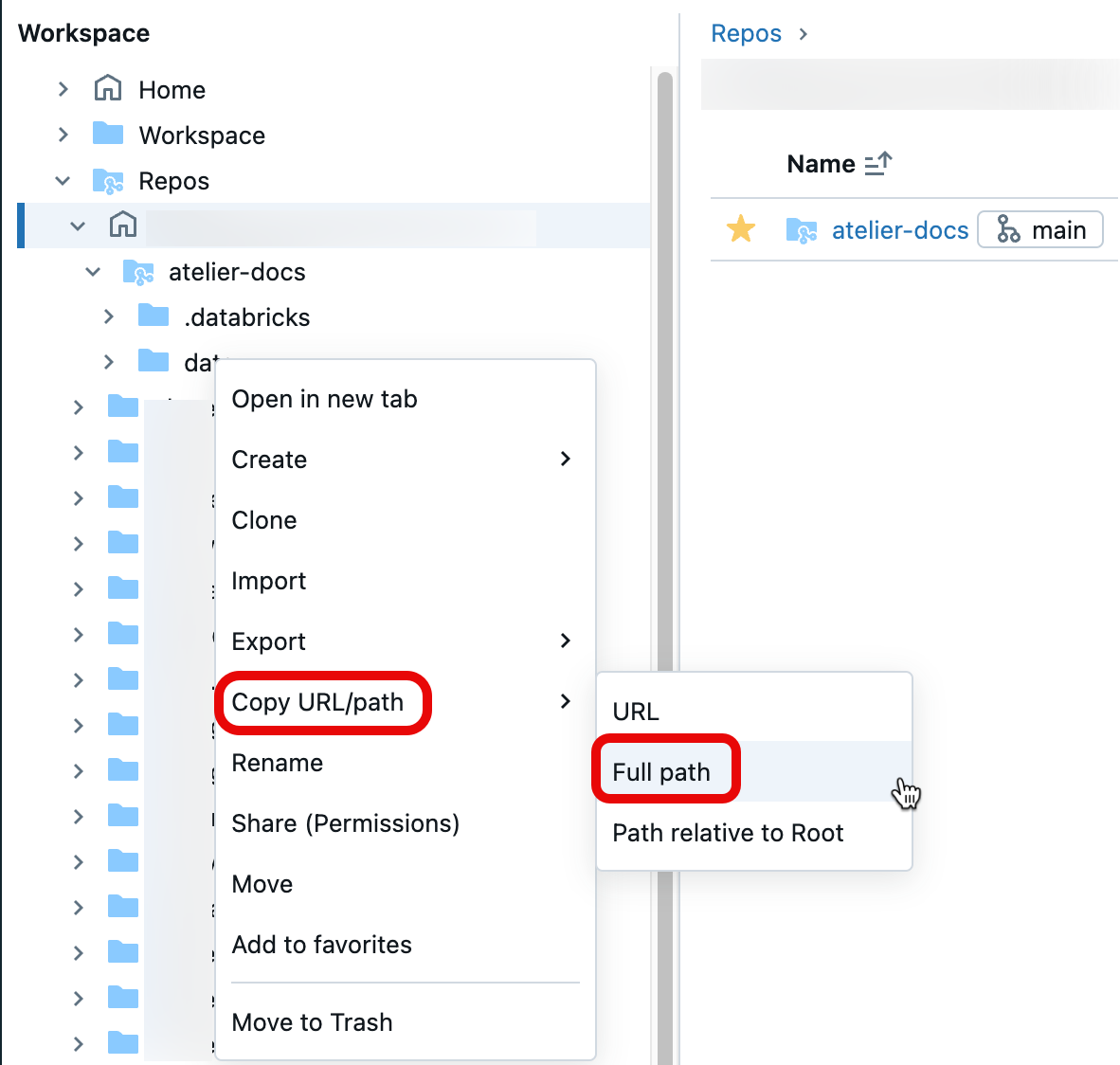 Sélectionnez « Copier le chemin de l'URL » suivi de « Chemin complet » dans le menu contextuel d’un dossier de l’espace de travail.