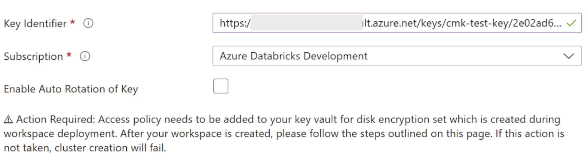 Présentation des champs dans la section Disques managés du panneau Azure Databricks