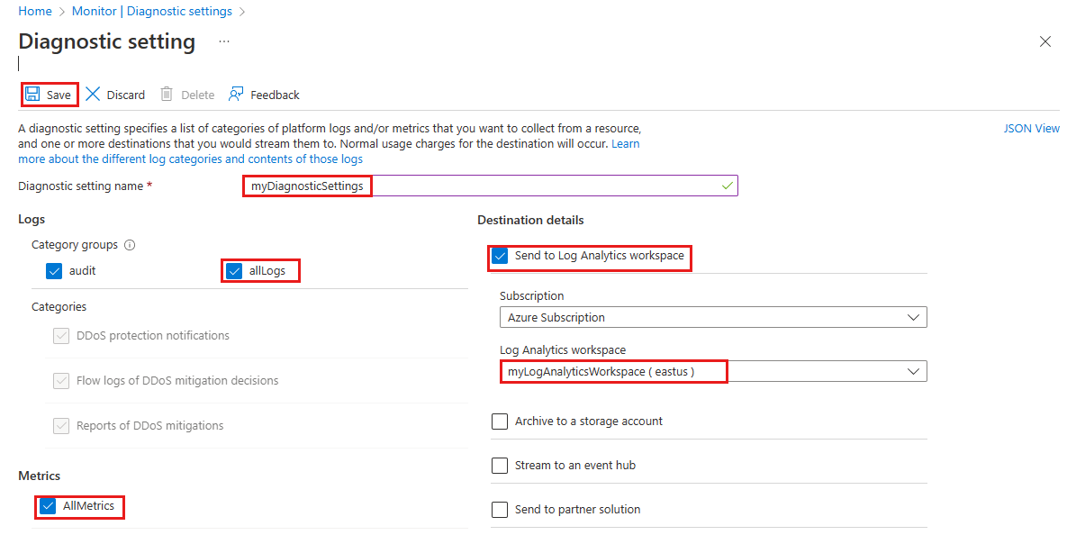 Capture d’écran des paramètres de diagnostic DDoS dans Azure.