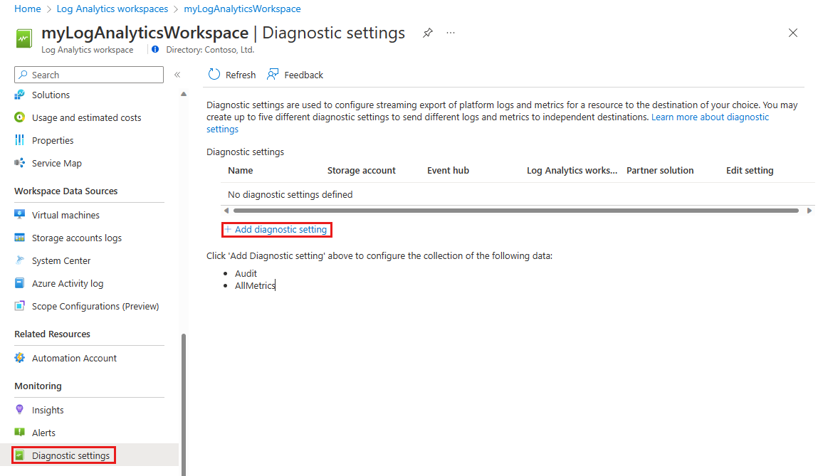 Capture d’écran de la localisation du paramètre de diagnostic de l’espace de travail Log Analytics.