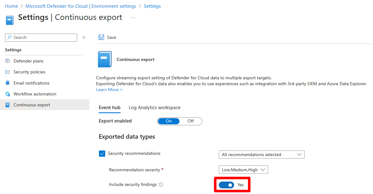 Activer/désactiver Inclure les résultats de sécurité dans la configuration de l’exportation continue.