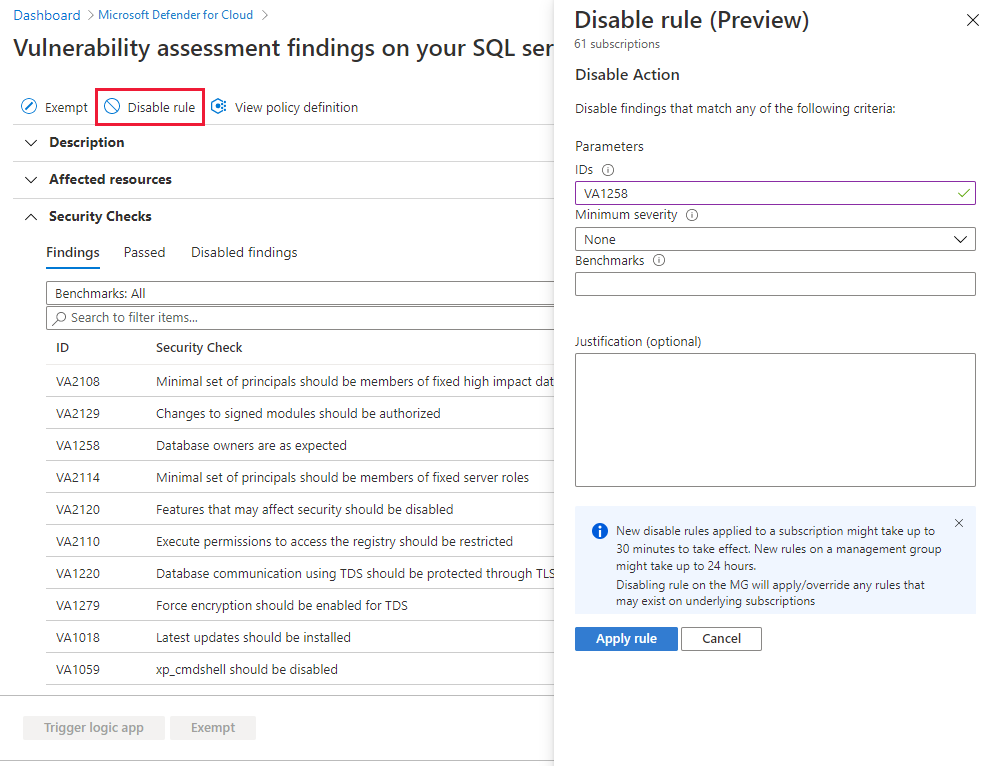 Capture d’écran de création d’une règle de désactivation pour les résultats de l’évaluation des vulnérabilités sur les serveurs SQL sur des machines.