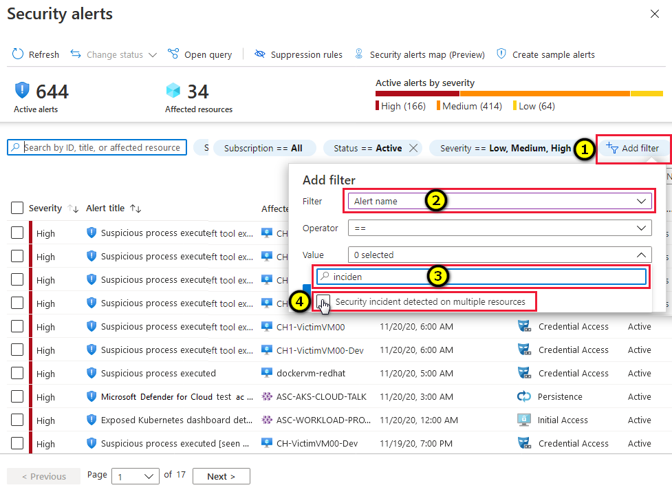 Recherche des incidents dans la page d’alertes de sécurité dans Microsoft Defender pour le cloud.